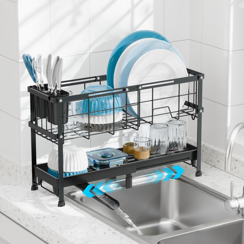 GSlife Narrow Dish Drying Rack, 2 Tier Small Dish Drainer for Kitchen Counter, Expandable Compact Dish Rack with Utensil Holder for RV/1-2 People, 15.7''-20.7''L x 7" D x 12.6" H, Black - Image 1