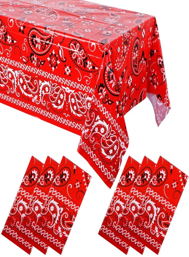 Oudain 6 Pcs Bandana Party Tablecloths,54 x 108 Inch Plastic Western Party Tablecloth, Bandana Paisley Table Cover, Rodeo Table Cloth for Western Mexican Favor Supplies (Red) - Image 1