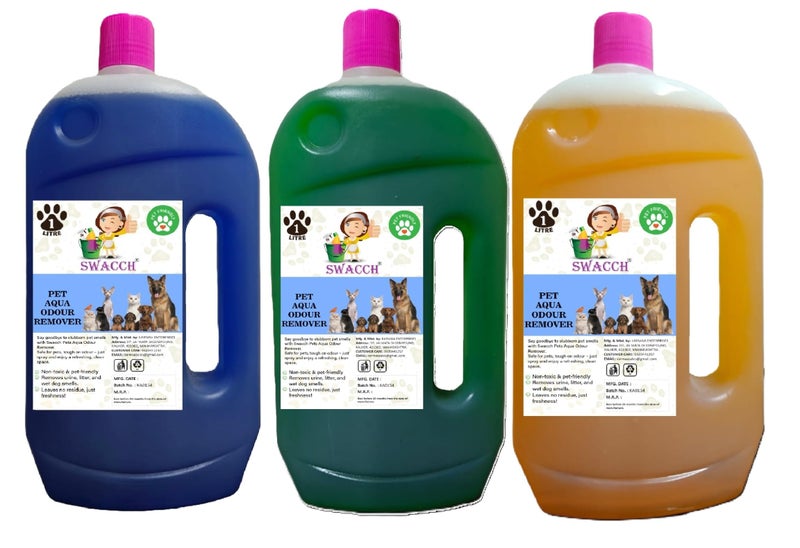 swacch Pet Aqua Odour Remover Liquid I Pet Safe Deodorizer for Home & Pet Areas I 1 Litre Combo Pack of 3 Lavender, Mogra & Orange - Image 1
