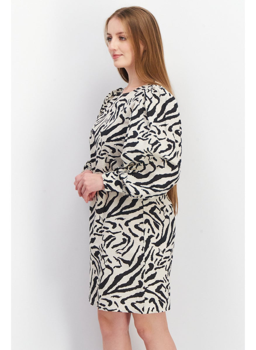 Vila Women All Over Print Long Sleeve Mini Dress, Beige  - Image 4