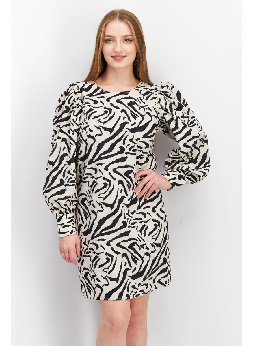 Vila Women All Over Print Long Sleeve Mini Dress, Beige  - Image 1