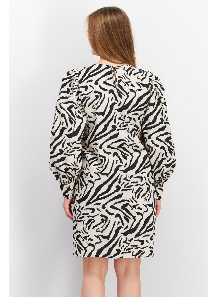 Vila Women All Over Print Long Sleeve Mini Dress, Beige  - Image 3