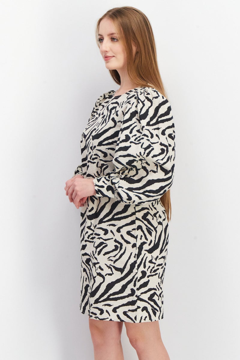 Vila Women All Over Print Long Sleeve Mini Dress, Beige - Image 4