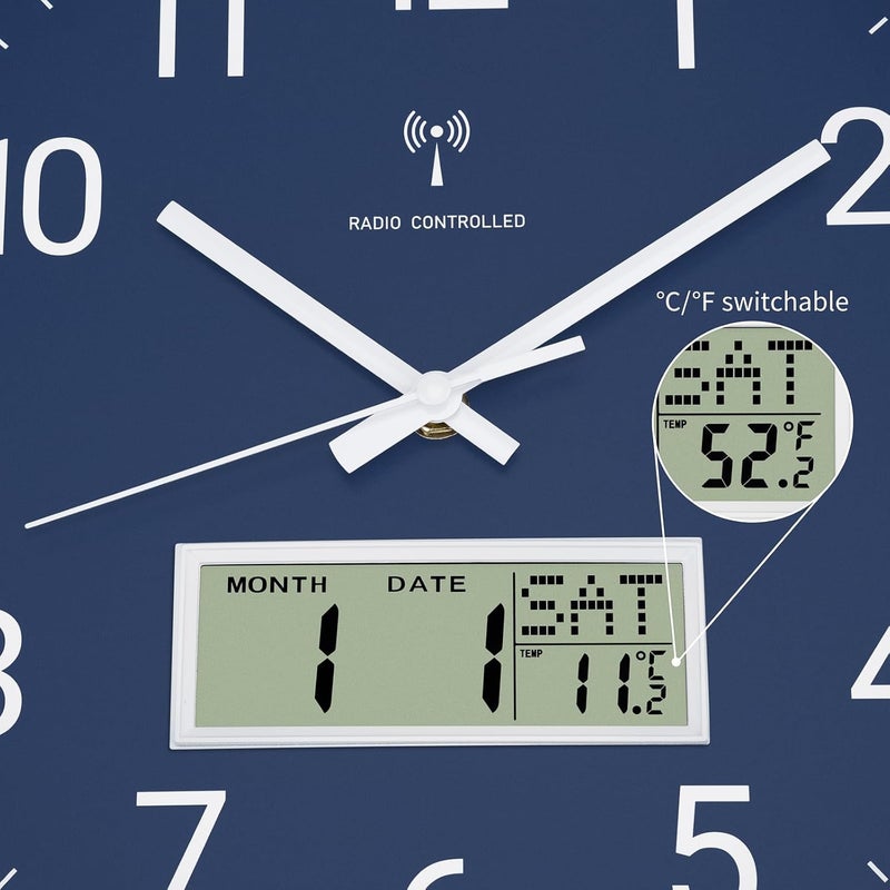 Foxtop Radio-Controlled Wall Clock Digital & Analog 30 cm with LCD Display – Digital Radio-Controlled Wall Clock with Temperature, Date, Day of the Week Silent Kitchen Clock for Living Room, Kitchen - Image 5