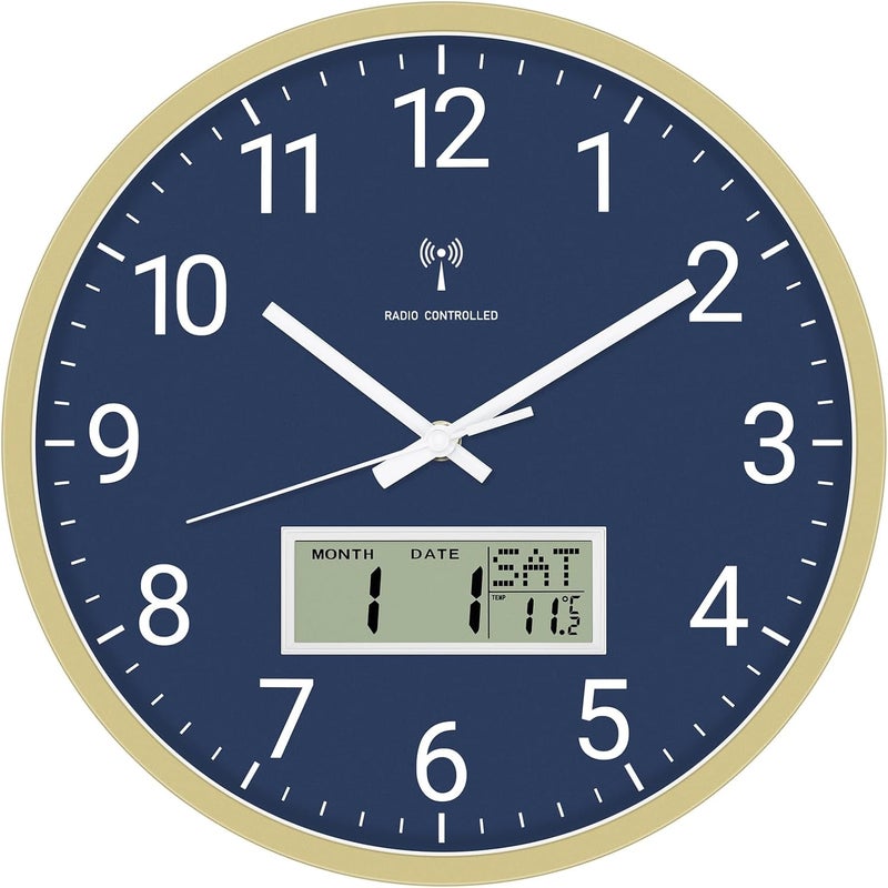 Foxtop Radio-Controlled Wall Clock Digital & Analog 30 cm with LCD Display – Digital Radio-Controlled Wall Clock with Temperature, Date, Day of the Week Silent Kitchen Clock for Living Room, Kitchen - Image 1
