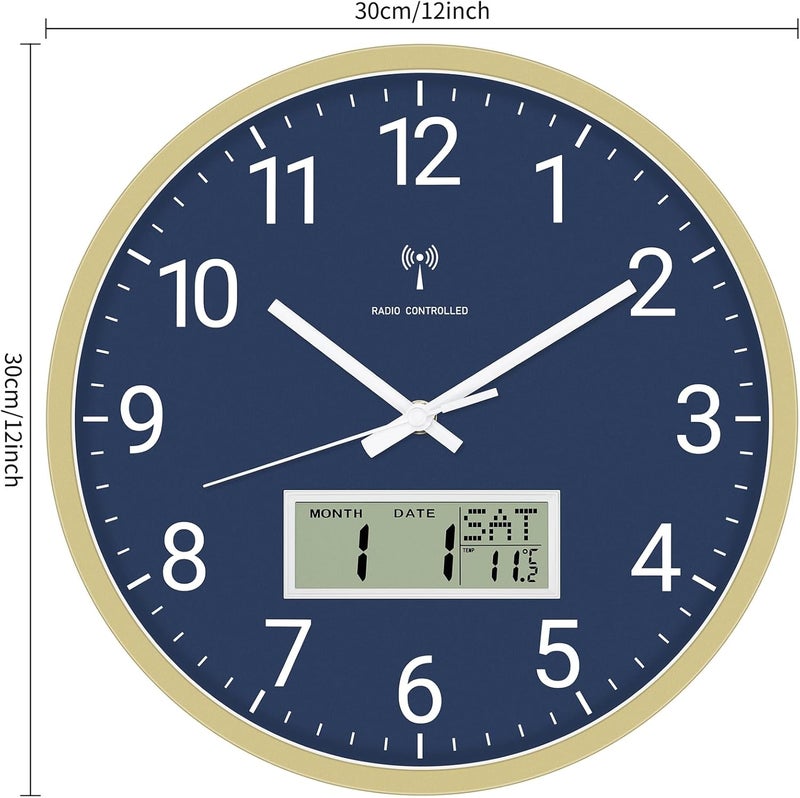 Foxtop Radio-Controlled Wall Clock Digital & Analog 30 cm with LCD Display – Digital Radio-Controlled Wall Clock with Temperature, Date, Day of the Week Silent Kitchen Clock for Living Room, Kitchen - Image 4