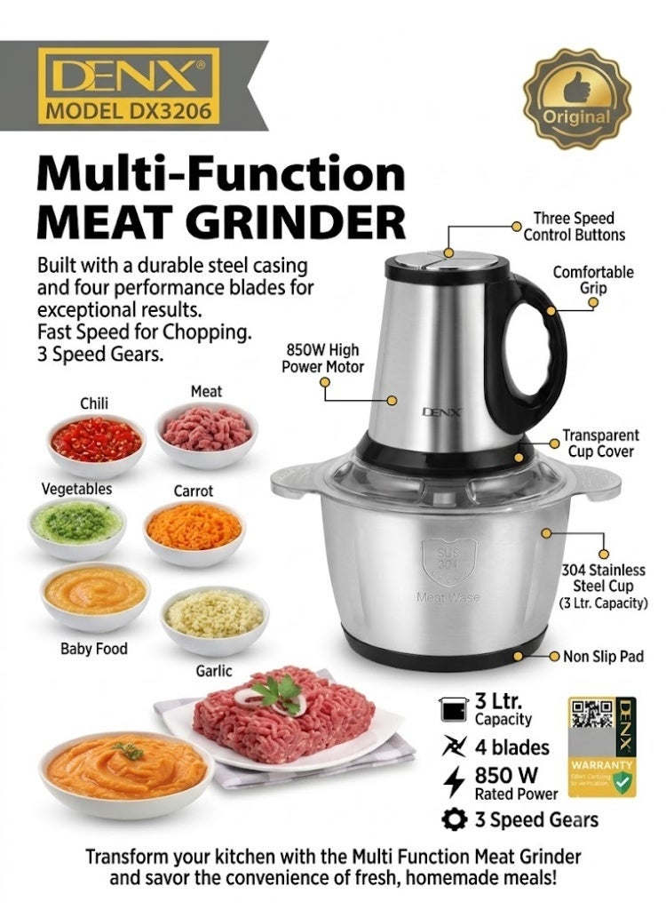 Denx Multi-Purpose Electric Meat And Vegetable Grinder, 850W Power, Large 3L Stainless Steel Bowl, Two-Speed Control, Four Sharp Blades, Secure Lock Safety Design – Perfect For Mincing Meat, Chopping Vegetables, Fruits, Nuts, And Preparing Sauces - Image 1