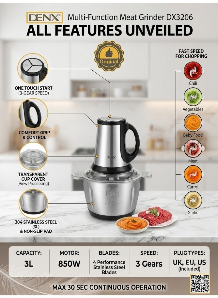 Denx Multi-Purpose Electric Meat And Vegetable Grinder, 850W Power, Large 3L Stainless Steel Bowl, Two-Speed Control, Four Sharp Blades, Secure Lock Safety Design – Perfect For Mincing Meat, Chopping Vegetables, Fruits, Nuts, And Preparing Sauces - Image 3