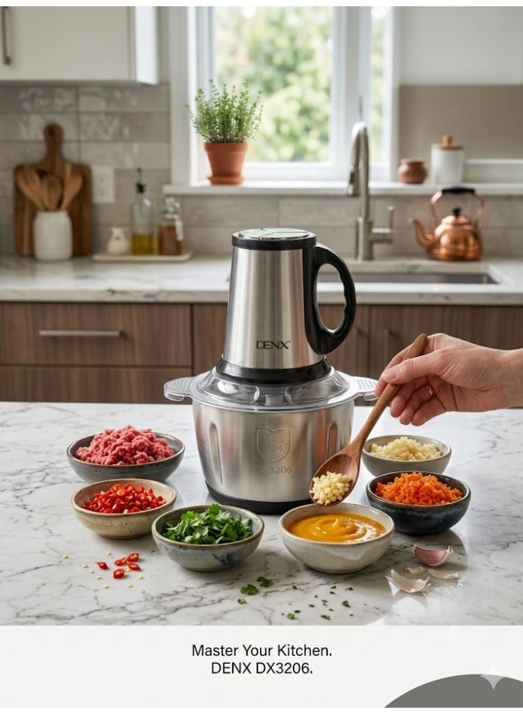 Denx Multi-Purpose Electric Meat And Vegetable Grinder, 850W Power, Large 3L Stainless Steel Bowl, Two-Speed Control, Four Sharp Blades, Secure Lock Safety Design – Perfect For Mincing Meat, Chopping Vegetables, Fruits, Nuts, And Preparing Sauces - Image 2