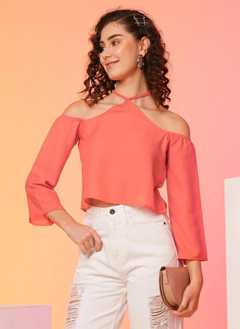 globus Globus Women Coral Loose Fit Tie-Up Neck Cold-Shoulder Sleeves Cotton Top