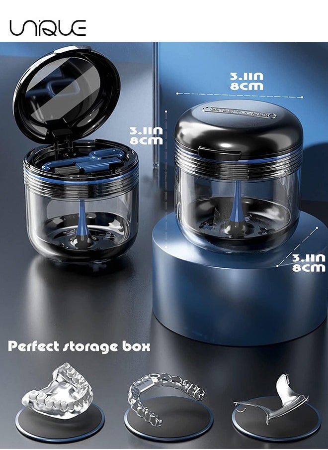 Unique Braces Box - Denture Bath Case - No-Leak Double Layer Dry & Wet Separation Denture Bath Box - Portable Denture Case with Mirror, Removal Tool, Brush for Dentures, Mouth Guard, Retainers (Blue)  - Image 2