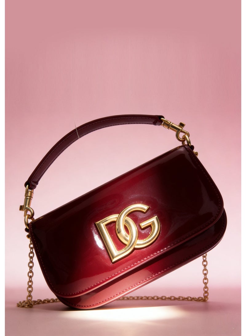 D&G Dolce & Gabbana Burgundy Patent Bag - Shiny Gold DG Logo, Adjustable Chain Strap, Luxury Party Bag for Stylish Girls - Image 1