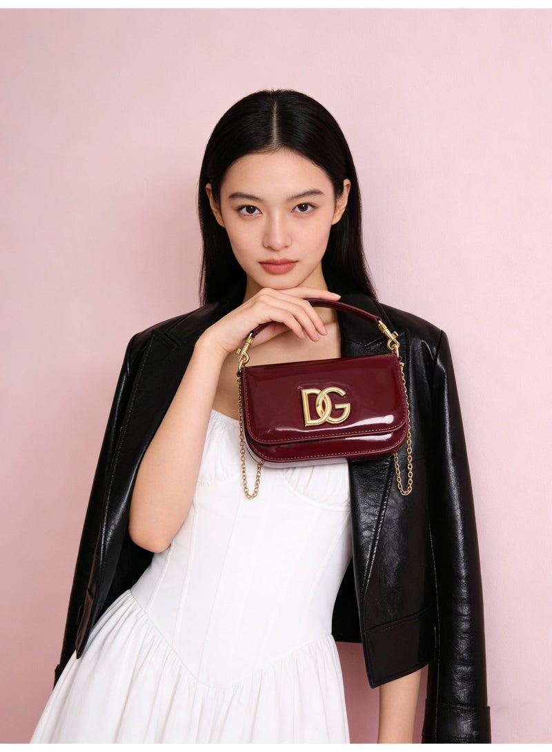 D&G Dolce & Gabbana Burgundy Patent Bag - Shiny Gold DG Logo, Adjustable Chain Strap, Luxury Party Bag for Stylish Girls - Image 3