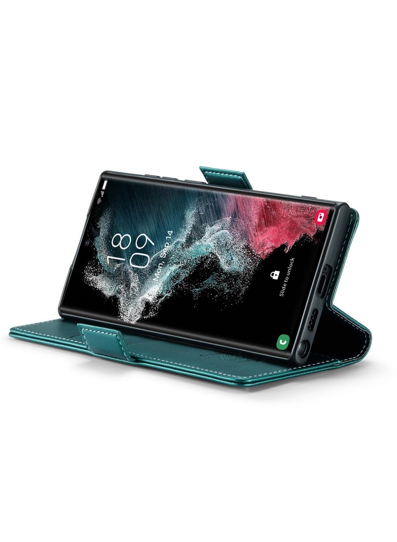 CaseMe Phone Case Luxury PU Leather Design Anti Fingerprint 023 Flip Cover Card Slot Holder Cover For Samsung Galaxy S22 Ultra (Green) - Image 2