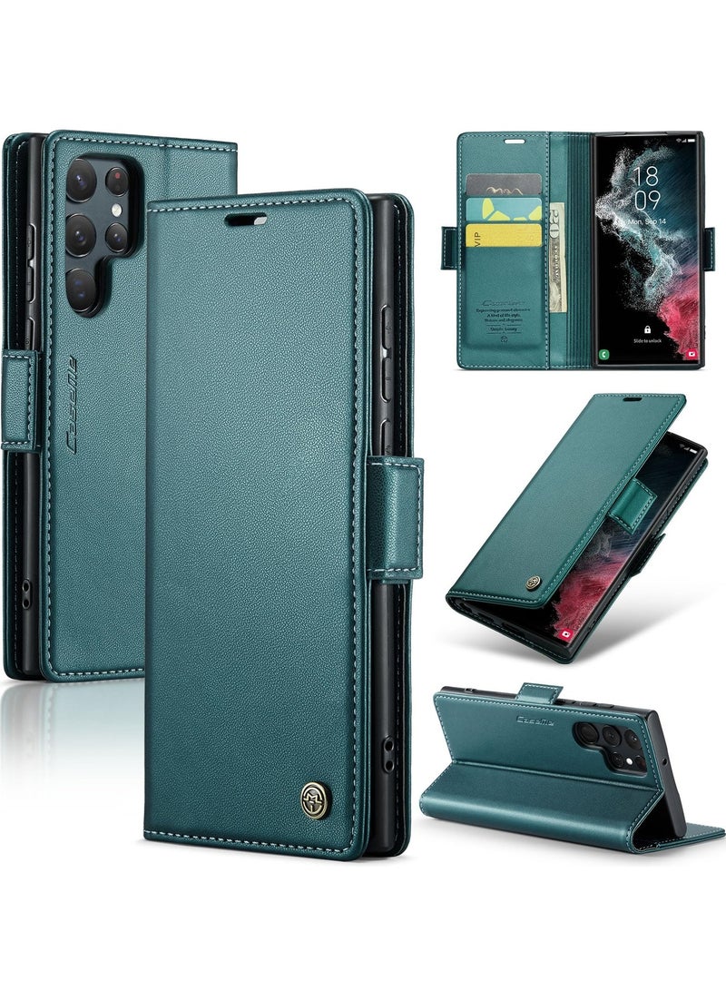 CaseMe Phone Case Luxury PU Leather Design Anti Fingerprint 023 Flip Cover Card Slot Holder Cover For Samsung Galaxy S22 Ultra (Green) - Image 1