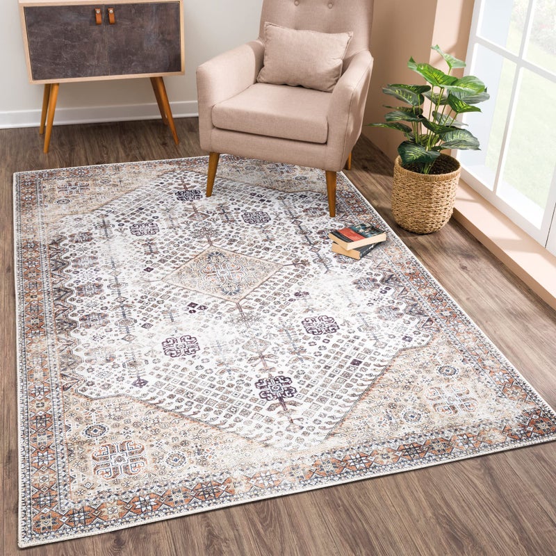 Bloom Rugs Washable Non-Slip 3' x 5' Rug - Sand/Orange/Purple Traditional Medallion Area Rug for Living Room, Bedroom, Dining Room, and Kitchen - Exact Size: 3' x 5' (IONIA40-BEIG3050) - Image 1
