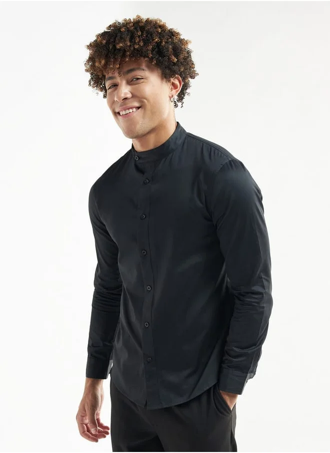 FAV Solid Mandarin Collar Shirt with Long Sleeves