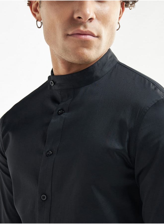 FAV - Solid Mandarin Collar Shirt with Long Sleeves - Image 1
