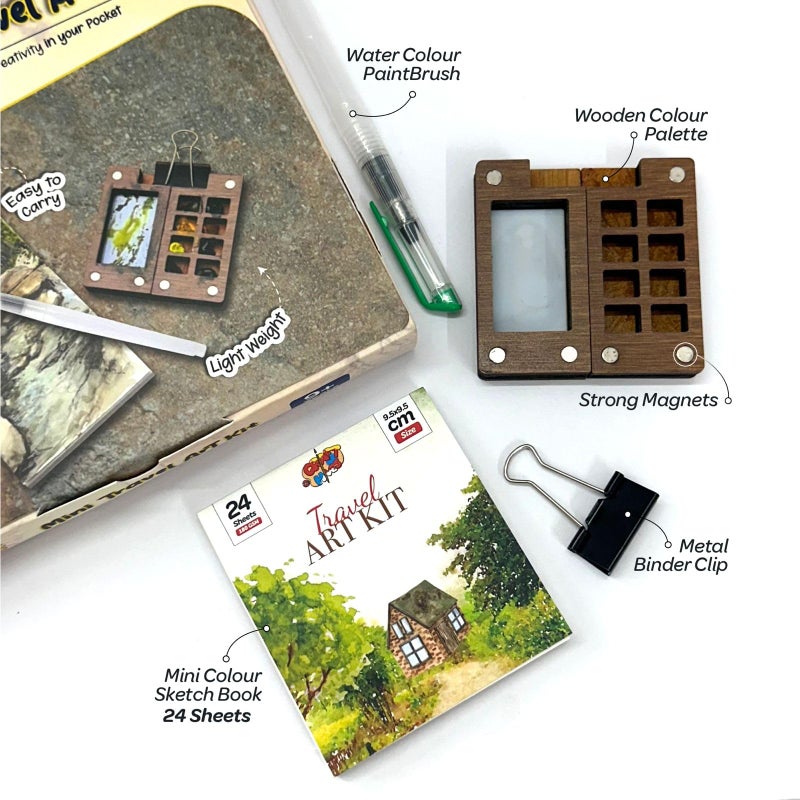 The Crafthives Travel Painting Art Kit | Wooden Mini Palette | Mini Painting Palette Set with Stretch Book, Water Pen and Binding Clip - Image 2
