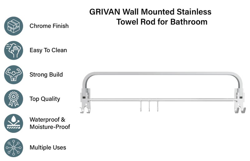 GRIVAN 24 Inch Wall Mounted Stainless Steel Towel Rod for Bathroom, Towel Racks and Bars - Image 5