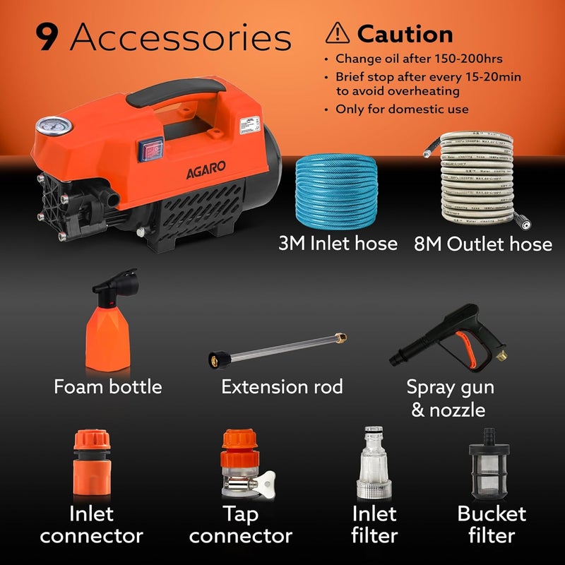 AGARO Supreme High Pressure Washer Car Washer 1800 Watts Motor 120 Bars 65LMin Flow Rate 8 Meters Outlet Hose Portable Car Bike Home Cleaning Black and Orange - Image 2