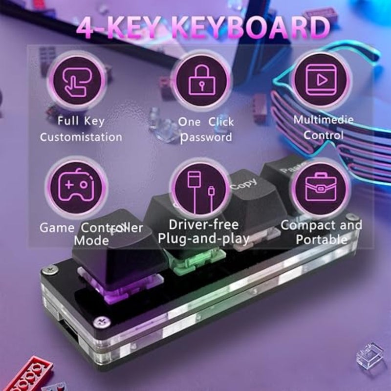 لوحة ماكرو للعمل والألعاب: ميكانيكية، RGB، أسود، اختصار Ctrl+A/X/C/V بأربعة مفاتيح بيد واحدة مع وظيفة تحديد الكل/القص/النسخ/اللصق - Image 4