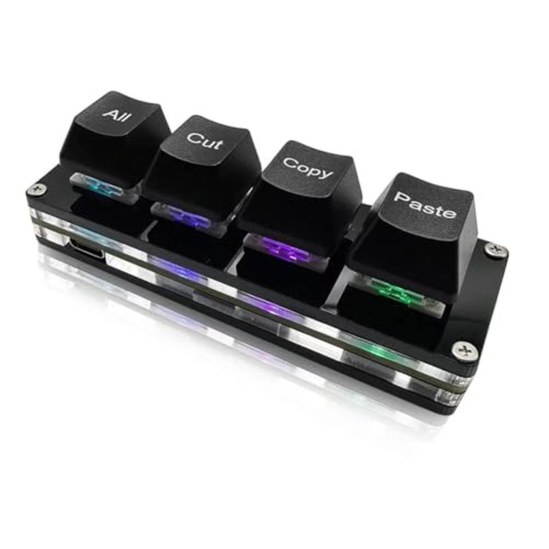 لوحة ماكرو للعمل والألعاب: ميكانيكية، RGB، أسود، اختصار Ctrl+A/X/C/V بأربعة مفاتيح بيد واحدة مع وظيفة تحديد الكل/القص/النسخ/اللصق - Image 1
