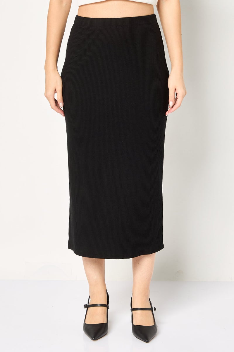 promod Women Ribbed Maxi Skirt, Black - Image 1