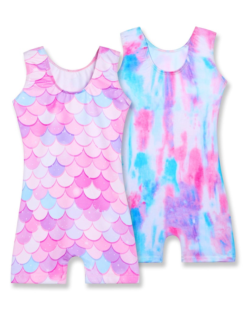 Nymphperi Leotards Gymnastics for Girls Size 4t 5t Pink Mermaid Scales Biketards with Shorts Colorful Tie Dye Ballet Unitards - Image 2