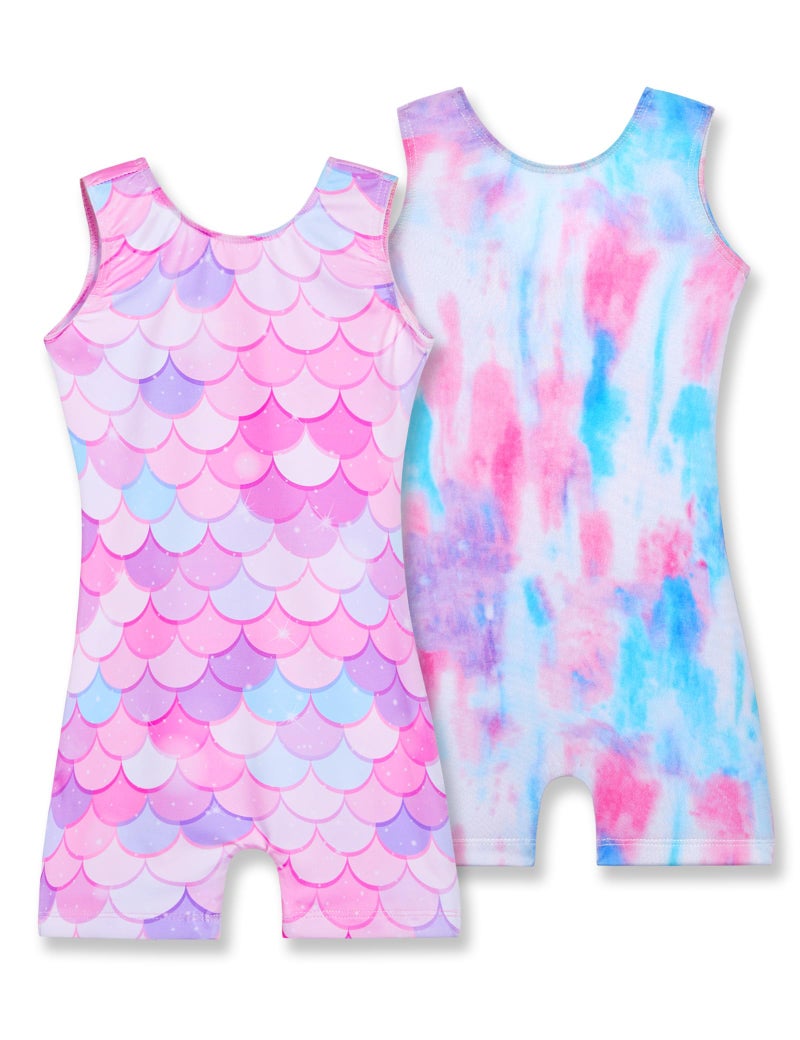 Nymphperi Leotards Gymnastics for Girls Size 4t 5t Pink Mermaid Scales Biketards with Shorts Colorful Tie Dye Ballet Unitards - Image 1