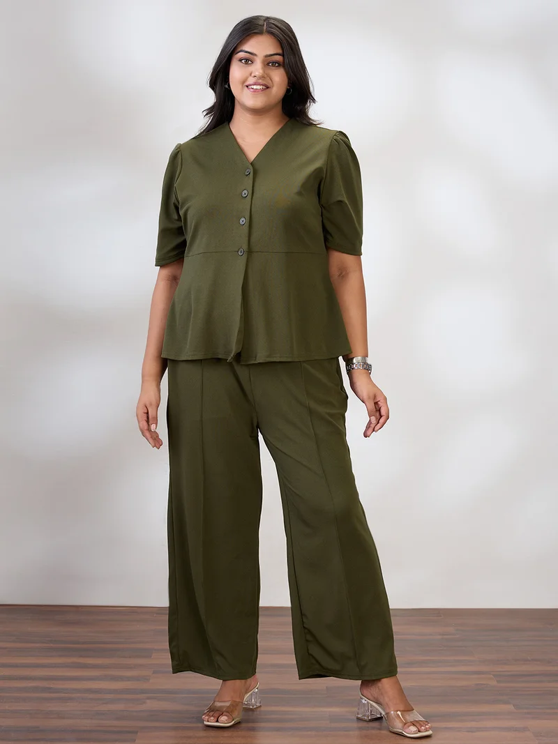 Gloplus Women Olive V-Neck Puff Sleeves Solid Plus Size Top & Trousers Workwear Co-Ord Set