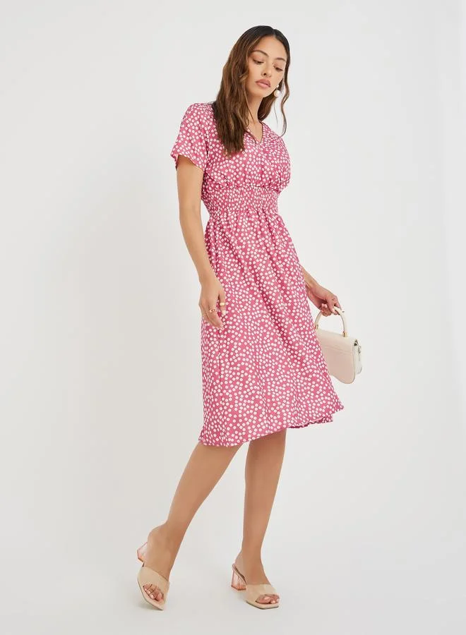 تايك تو Take Two Women Pink Ditsy Floral Print V Neck A-Line Knee Length Dress
