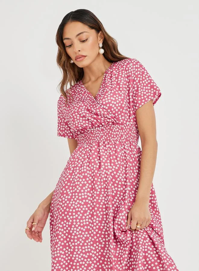 Take Two Take Two Women Pink Ditsy Floral Print V Neck A-Line Knee Length Dress