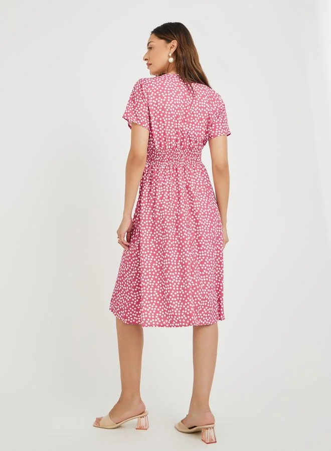 Take Two Take Two Women Pink Ditsy Floral Print V Neck A-Line Knee Length Dress