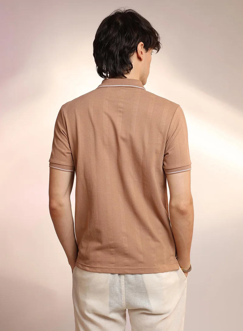 Campus Sutra Men's Buff Beige Lined-Knit Polo T-Shirt