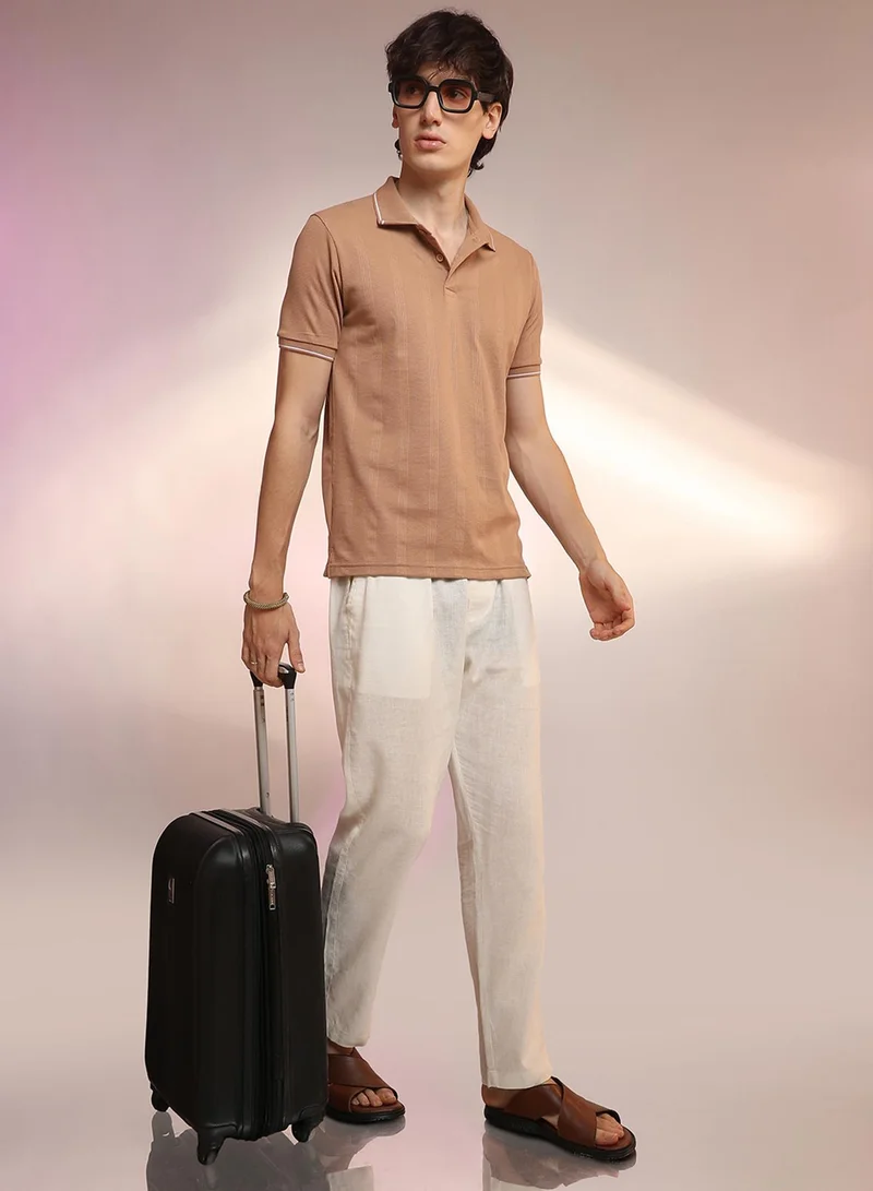 Campus Sutra Men's Buff Beige Lined-Knit Polo T-Shirt