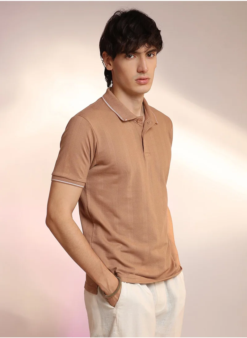 Campus Sutra Men's Buff Beige Lined-Knit Polo T-Shirt