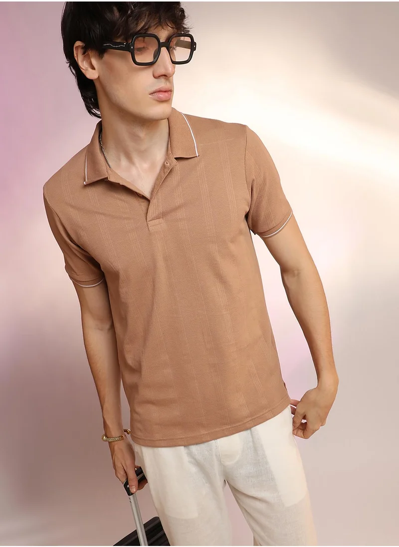 Campus Sutra Men's Buff Beige Lined-Knit Polo T-Shirt