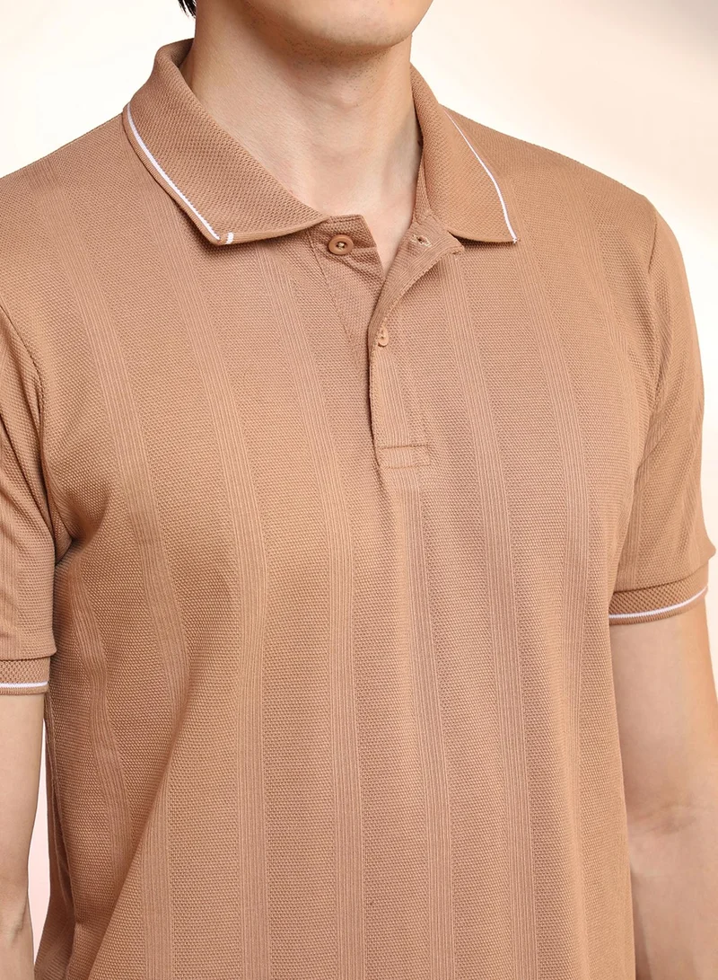 Campus Sutra Men's Buff Beige Lined-Knit Polo T-Shirt
