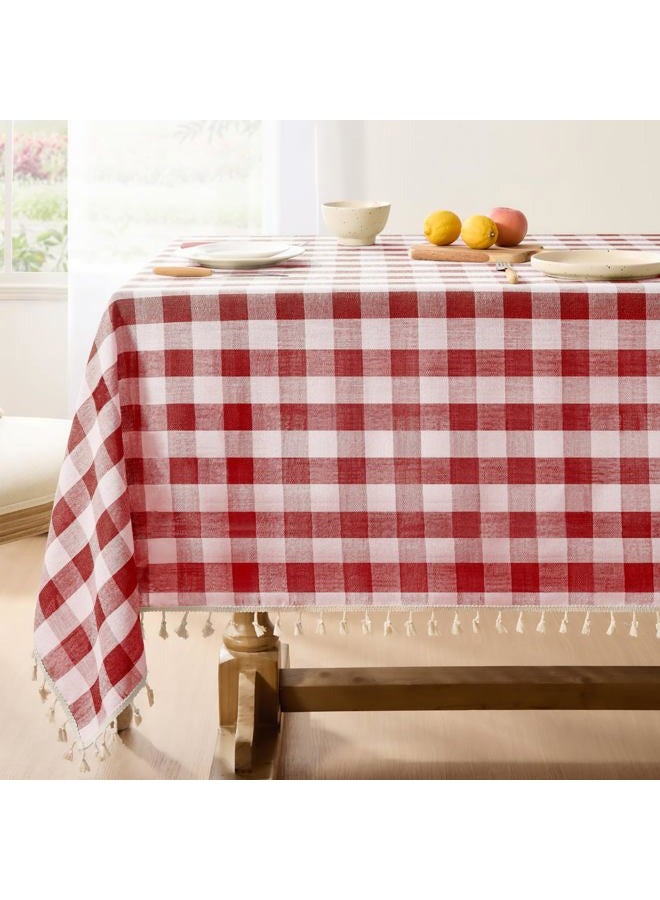 Softalker Checkered Tablecloth Rectangle, Outdoor Linen Cotton Gingham Table Cloth with Tassel, Heavy Duty Wrinkle Free Buffalo Plaid Table Cover for Kitchen Dining Summer Party - 55 x 84 Inch, Red - Image 1