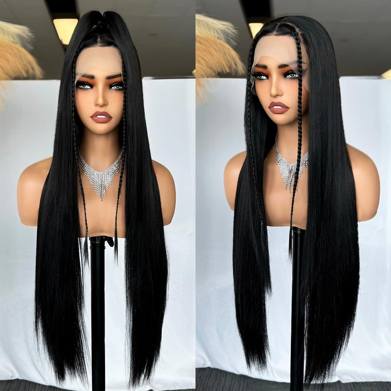 SOKU 13x6 Glueless Lace Front Wigs for Women32 Inch Long Straight Synthetic Wigs Pre PluckedFree Part Natural Black Lace Frontal Wigs with Baby HairPut On Go Wig Beginner Friendly