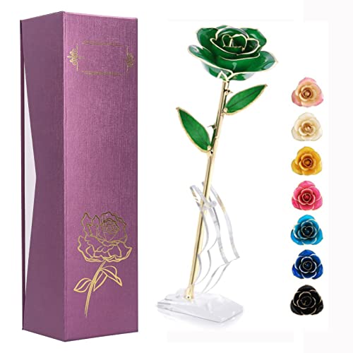 Ejoyous Ejoyous Gold Plate Rose 24k Gold Dipped Preserved Long Stem Rose Flower for Her Women Wife Mother Girlfriend Green Rose with Stand 