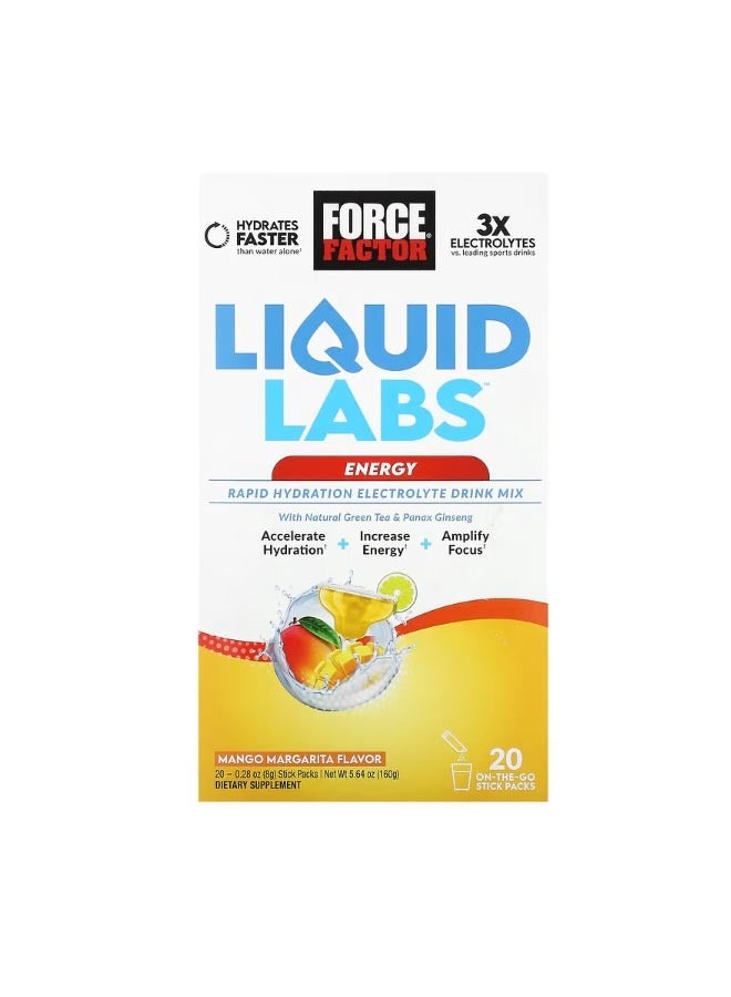 فوريس فاكتور Liquid Labs Energy Rapid Hydration Electrolyte Drink Mix Mango Margarita 20 Stick Packs 0.28 oz 8 g Each - Image 1