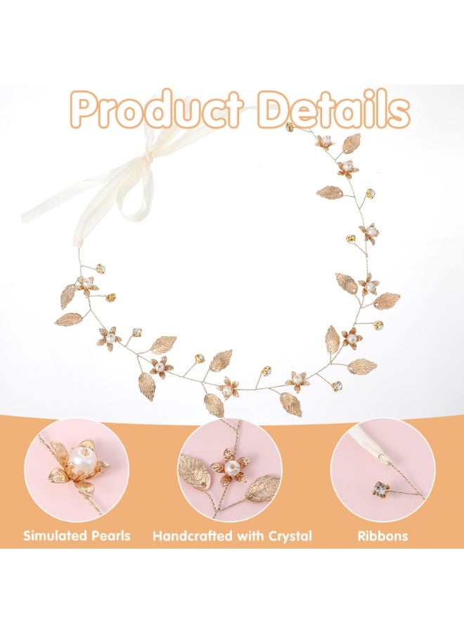 Boho Gold Leaf Pearl Bridal Headband, Adjustable Dainty Wedding Hair Piece, Hair Accessories for Bride Bridesmaid Flower Girl, Prom Party Halloween Elf Costume - Image 4