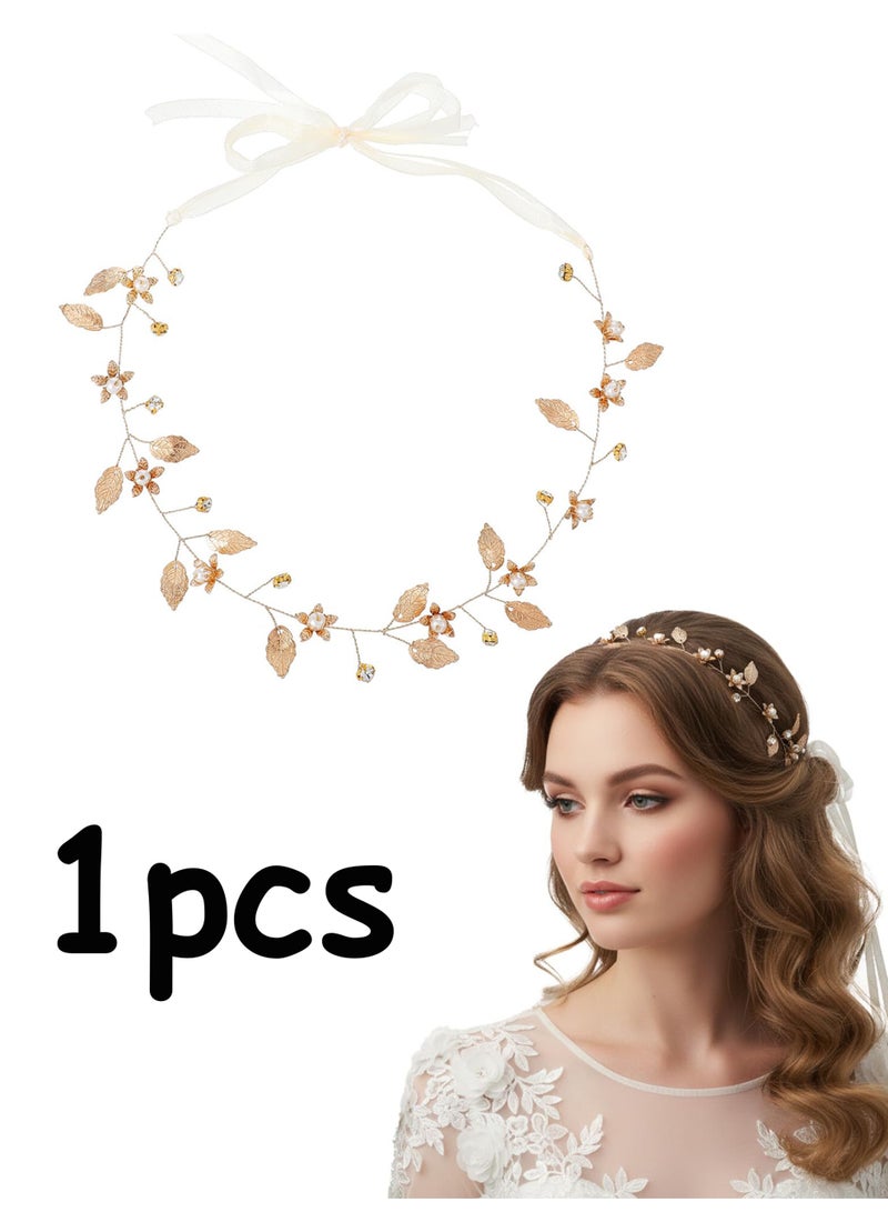 Boho Gold Leaf Pearl Bridal Headband, Adjustable Dainty Wedding Hair Piece, Hair Accessories for Bride Bridesmaid Flower Girl, Prom Party Halloween Elf Costume - Image 1