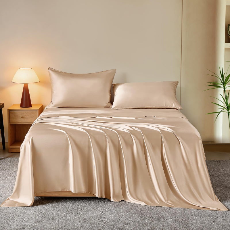THXSILK Luxury Mulberry Silk Bed Sheets Set 4pcs Silk Sheets Set 16 Deep Pocket 1 Fitted Sheet 1 Flat Sheet 2 Pillowcases with Zipper Closure King Champagne - Image 2