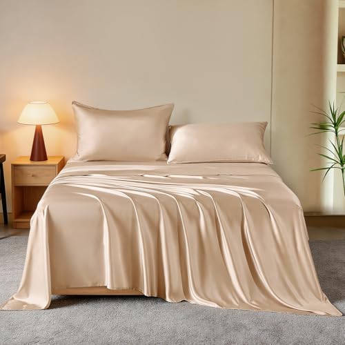 THXSILK Luxury Mulberry Silk Bed Sheets Set 4pcs Silk Sheets Set 16 Deep Pocket 1 Fitted Sheet 1 Flat Sheet 2 Pillowcases with Zipper Closure King Champagne - Image 1