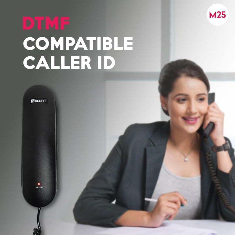 Beetel هاتف أرضي سلكي مدمج للغاية M25 مع خاصية عرض هوية المتصل، شاشة رقمية، مثبت على المكتب/الجدار، شاشة LCD مكونة من 12 رقم، متوافق مع FSK/DTMF، تحكم في مستوى رنين الجرس، إشارة LED (أسود M25) - Image 2