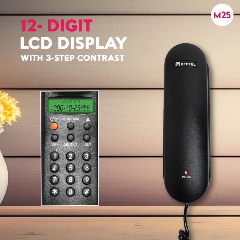 Beetel هاتف أرضي سلكي مدمج للغاية M25 مع خاصية عرض هوية المتصل، شاشة رقمية، مثبت على المكتب/الجدار، شاشة LCD مكونة من 12 رقم، متوافق مع FSK/DTMF، تحكم في مستوى رنين الجرس، إشارة LED (أسود M25) - Image 4