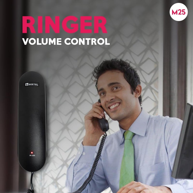 Beetel هاتف أرضي سلكي مدمج للغاية M25 مع خاصية عرض هوية المتصل، شاشة رقمية، مثبت على المكتب/الجدار، شاشة LCD مكونة من 12 رقم، متوافق مع FSK/DTMF، تحكم في مستوى رنين الجرس، إشارة LED (أسود M25) - Image 3
